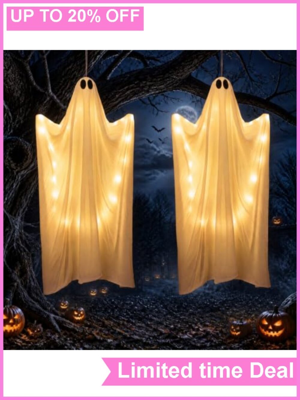 2 Pack 47" Halloween Hanging Ghost Decor Warm LED Lights Outdoor Yard